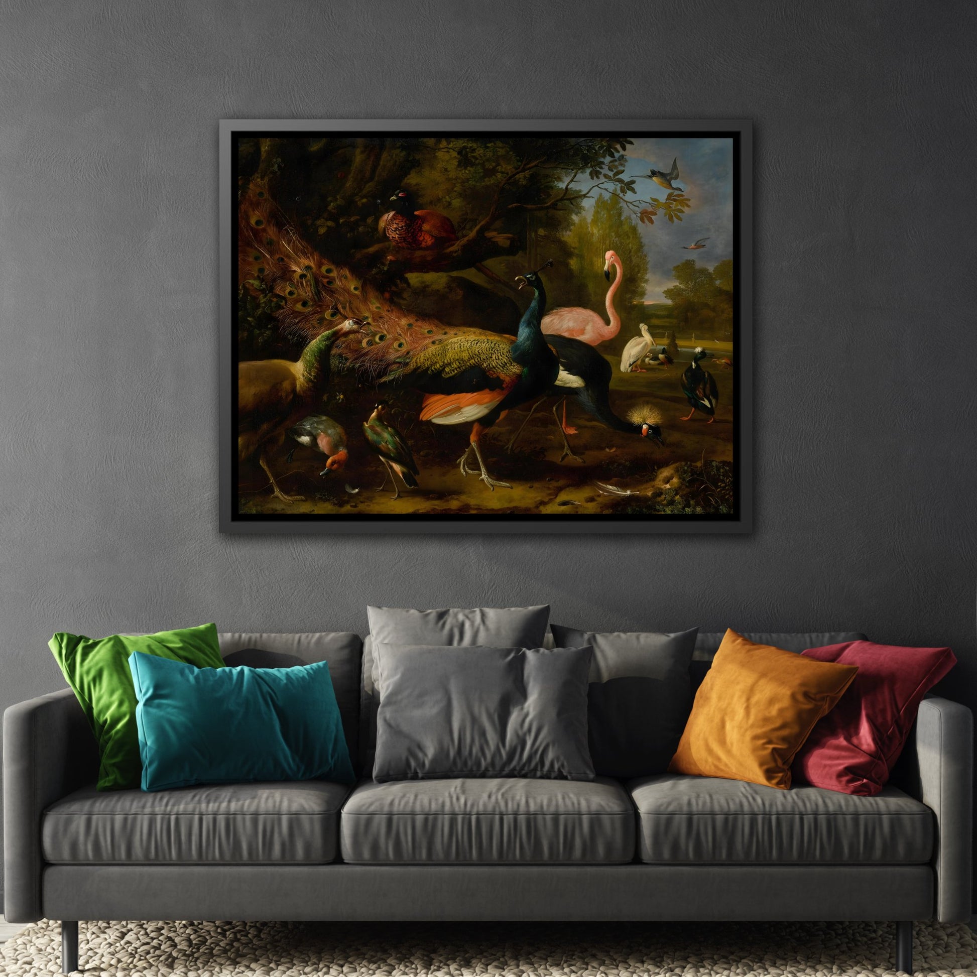 Animal Canvas Wall Art Prints - Birds Peacock Peahen Flamingo Crane Pheasant Pelican Duck in Frame