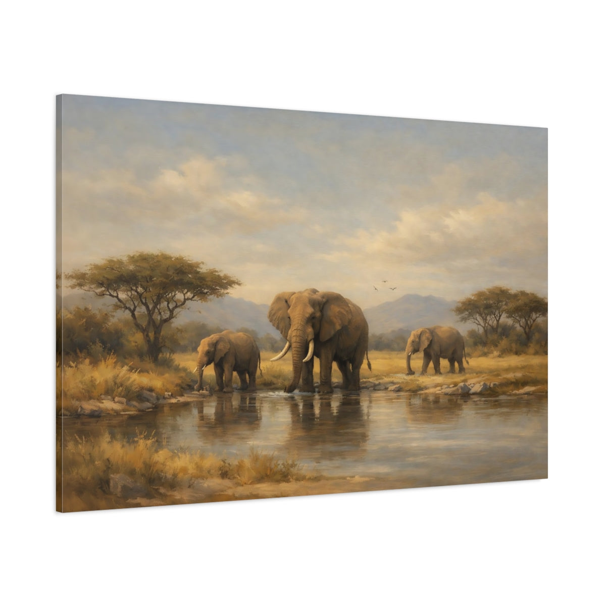 Main Mockup. Animals African Elephants Elephants Watering Hole shown as stretched canvas wall art