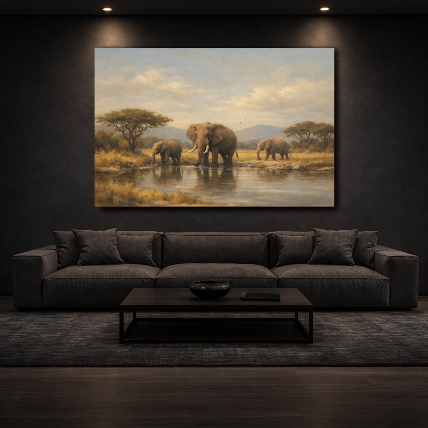 Mockup 2. Animals African Elephants Elephants Watering Hole shown as stretched canvas wall art