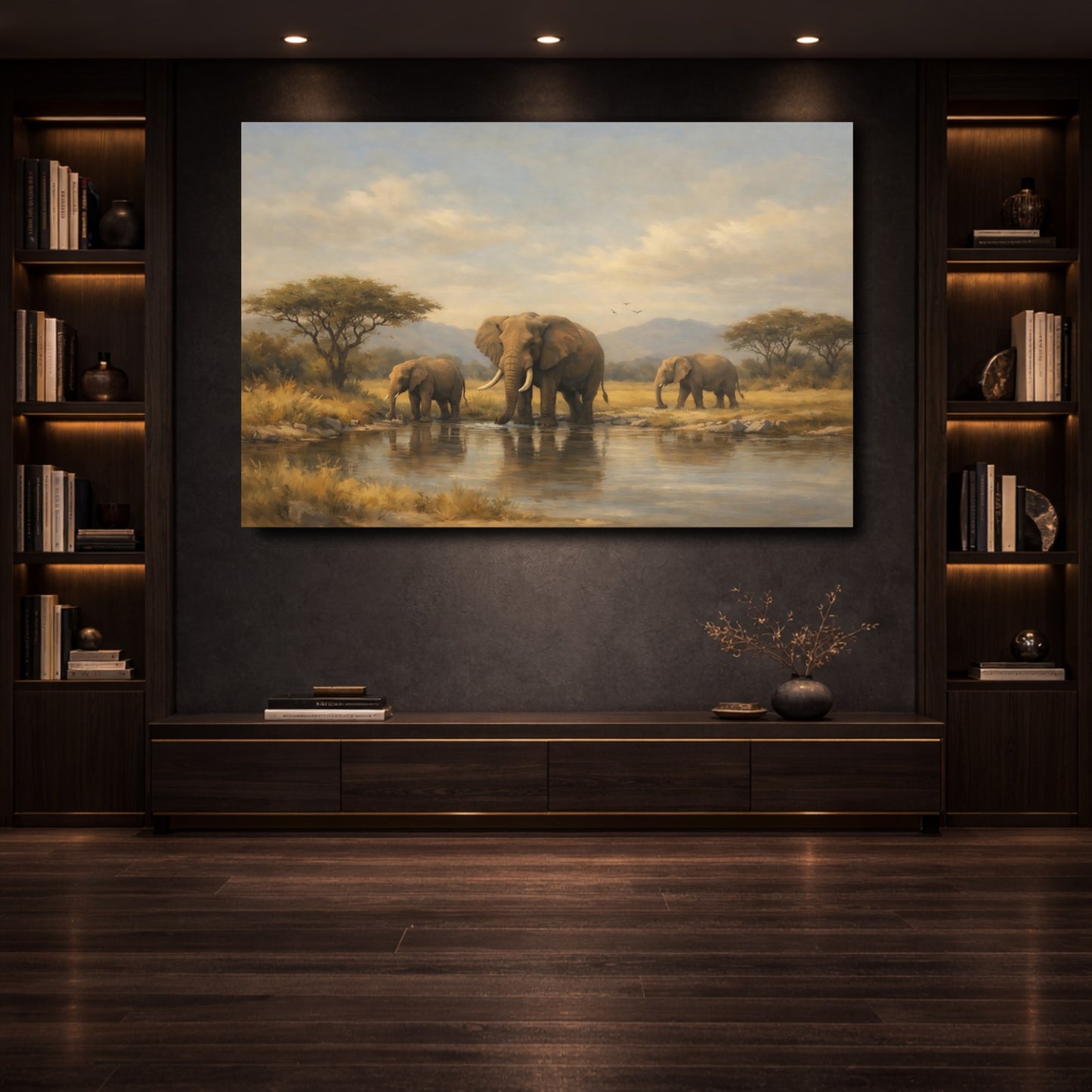 Mockup 3. Animals African Elephants Elephants Watering Hole shown as stretched canvas wall art