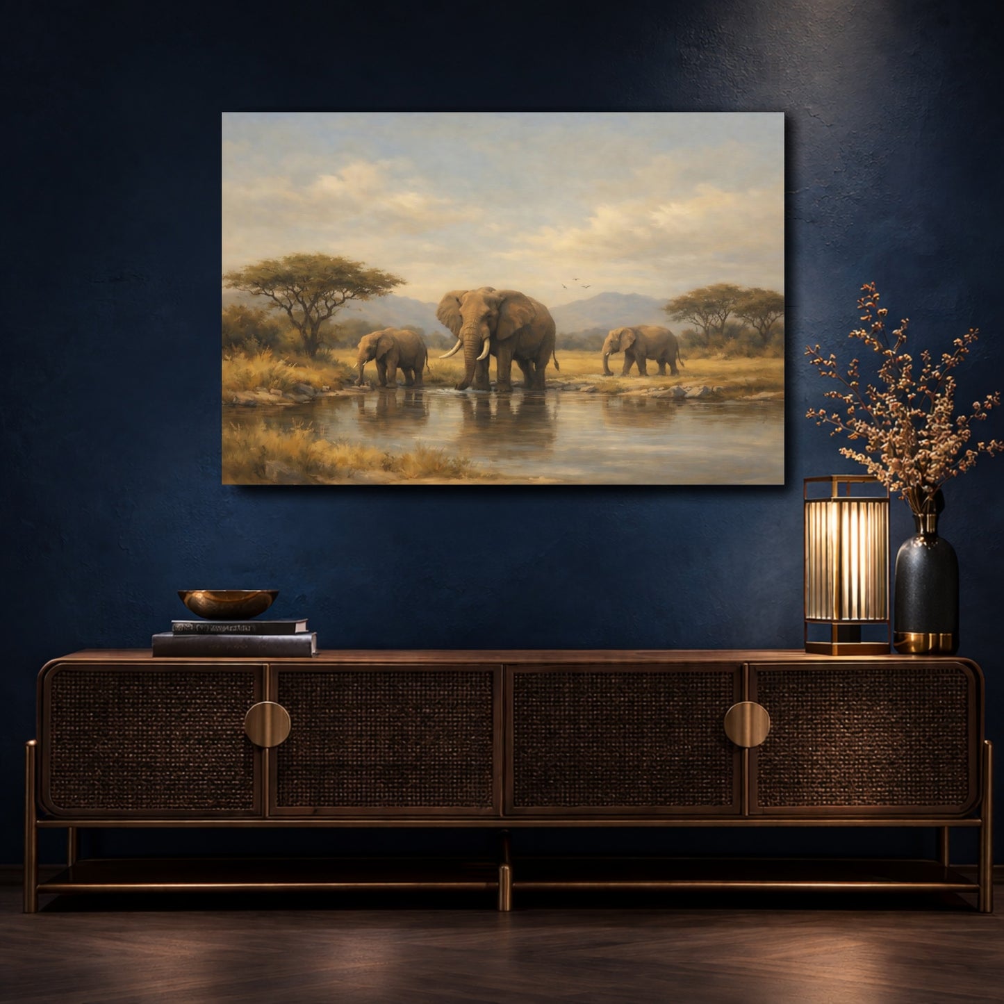 Mockup 4. Animals African Elephants Elephants Watering Hole shown as stretched canvas wall art