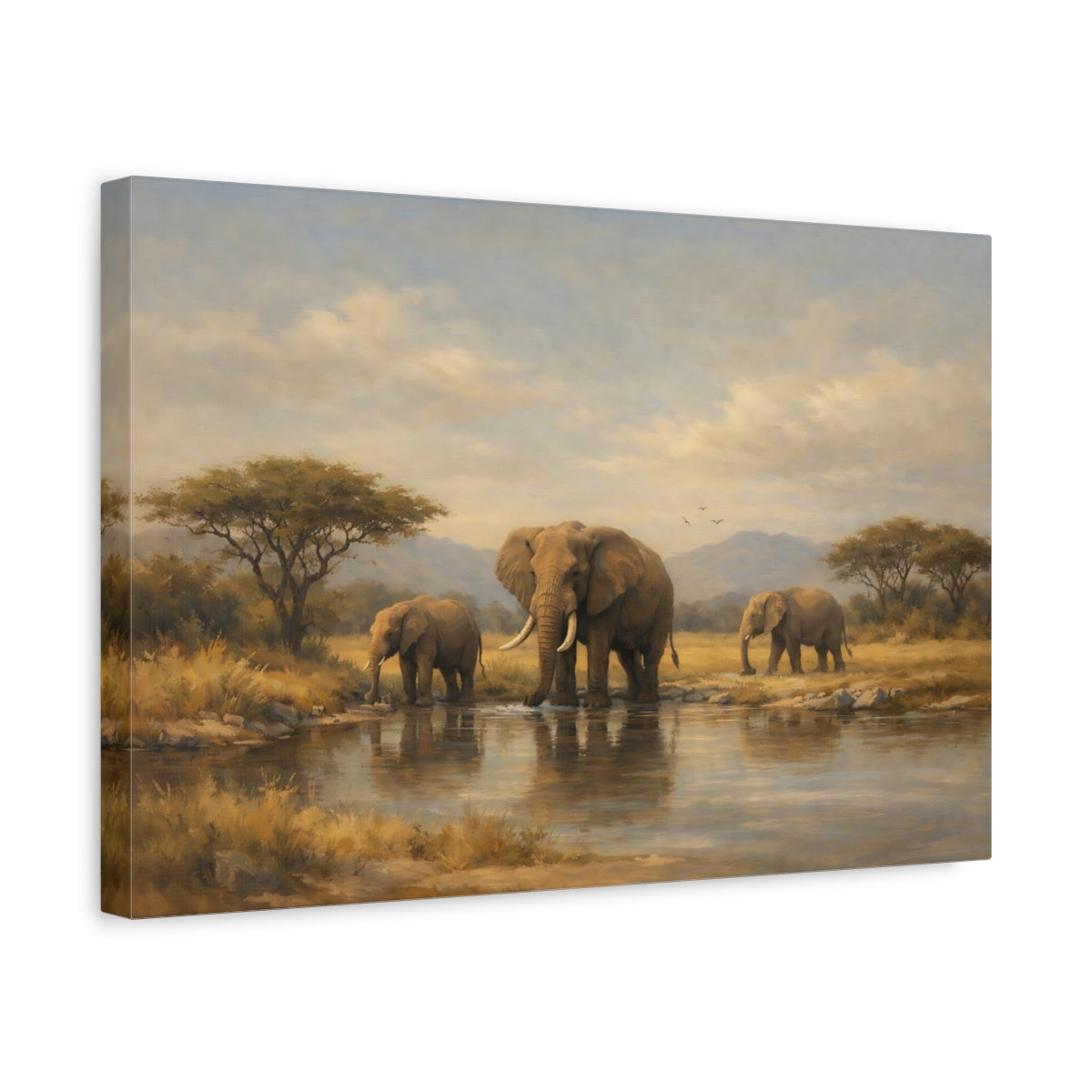 Side Mockup 4. Animals African Elephants Elephants Watering Hole shown as stretched canvas wall art