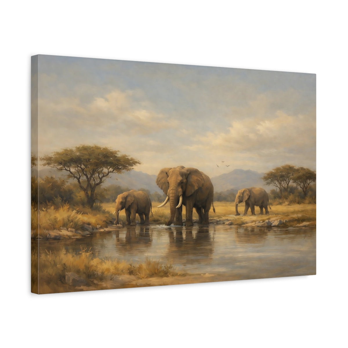 Side Mockup 3. Animals African Elephants Elephants Watering Hole shown as stretched canvas wall art