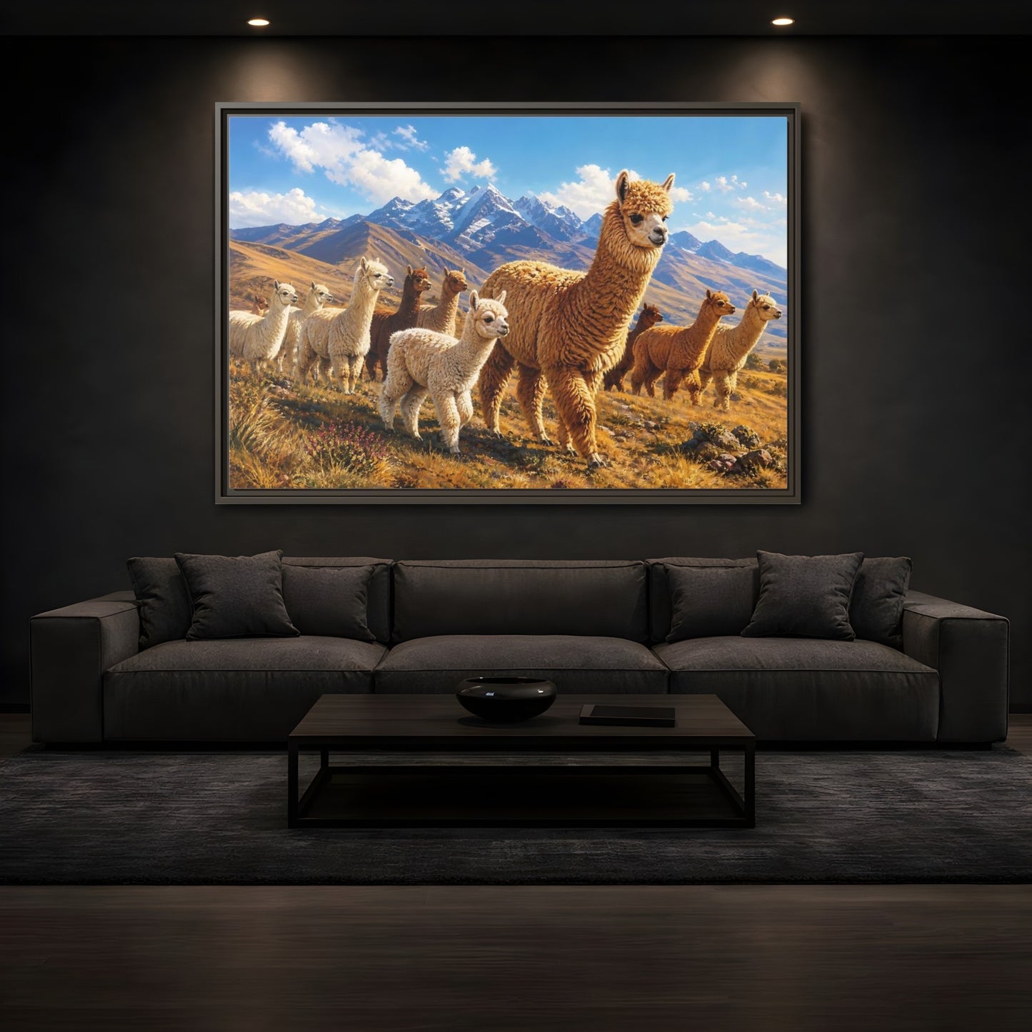 Mockup 3. Animals Alpacas Alpaca Landscape shown as stretched canvas wall art