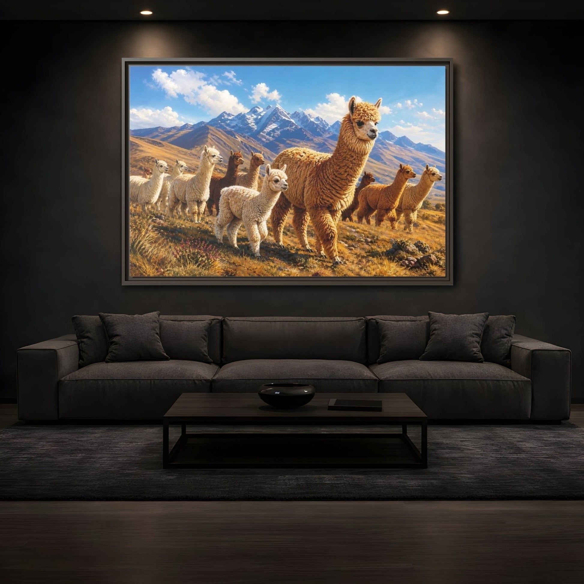 Animals Alpacas Landscape Framed Canvas Wall Art Print – Realistic Living Room, Above Fireplace - YesArtYes