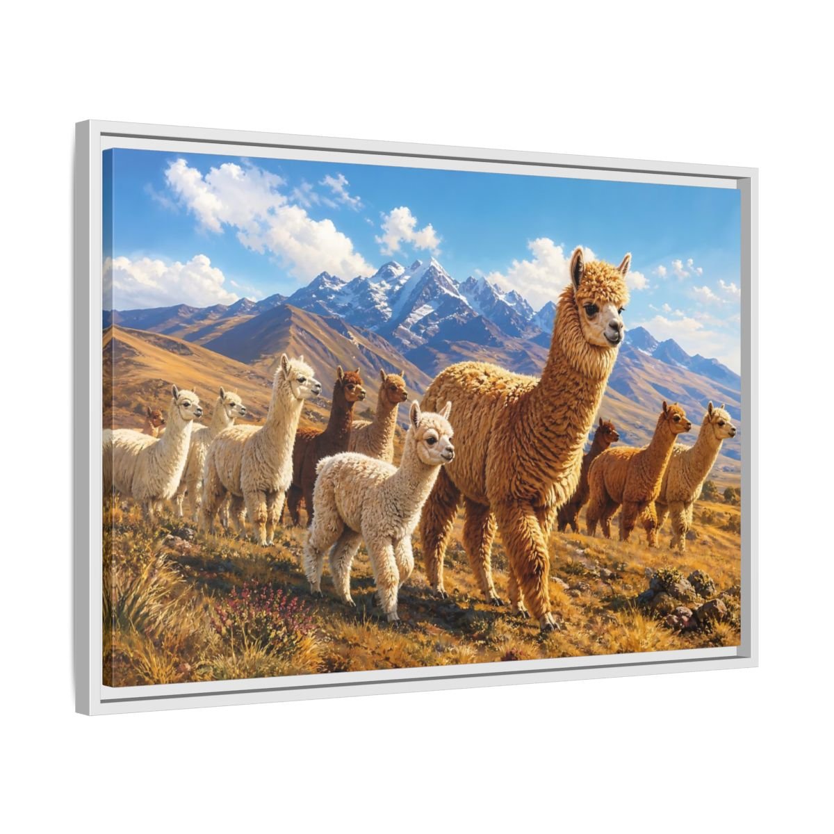 Animals Alpacas Landscape Framed Canvas Wall Art Print – Realistic Living Room, Above Fireplace - YesArtYes