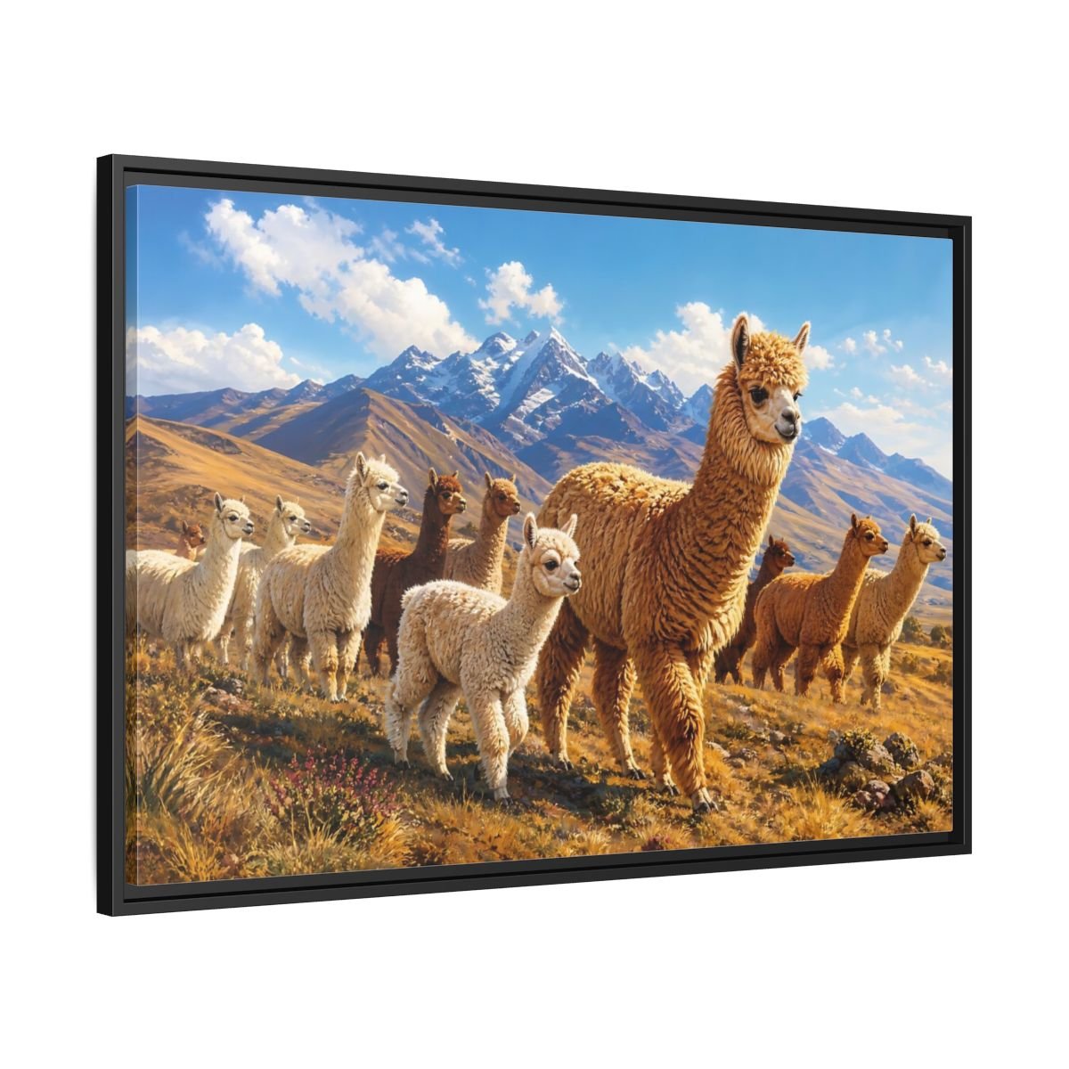 Animals Alpacas Landscape Framed Canvas Wall Art Print – Realistic Living Room, Above Fireplace - YesArtYes