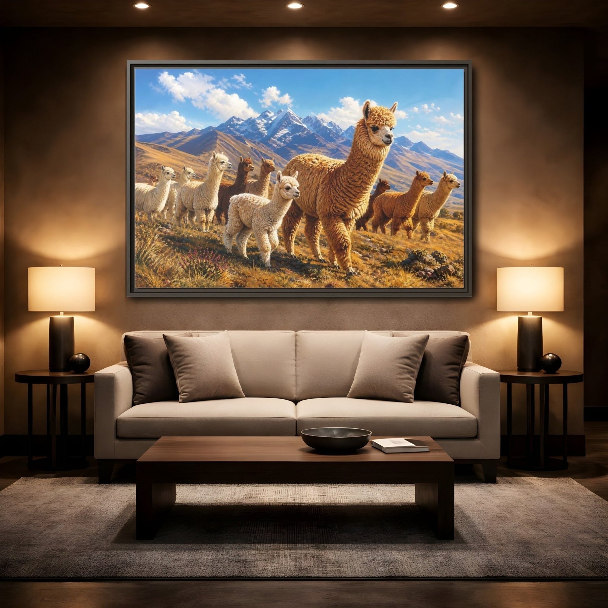 Animals Alpacas Landscape Framed Canvas Wall Art Print – Realistic Living Room, Above Fireplace - YesArtYes