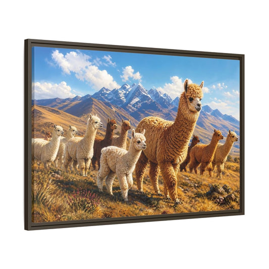 Animals Alpacas Landscape Framed Canvas Wall Art Print – Realistic Living Room, Above Fireplace - YesArtYes