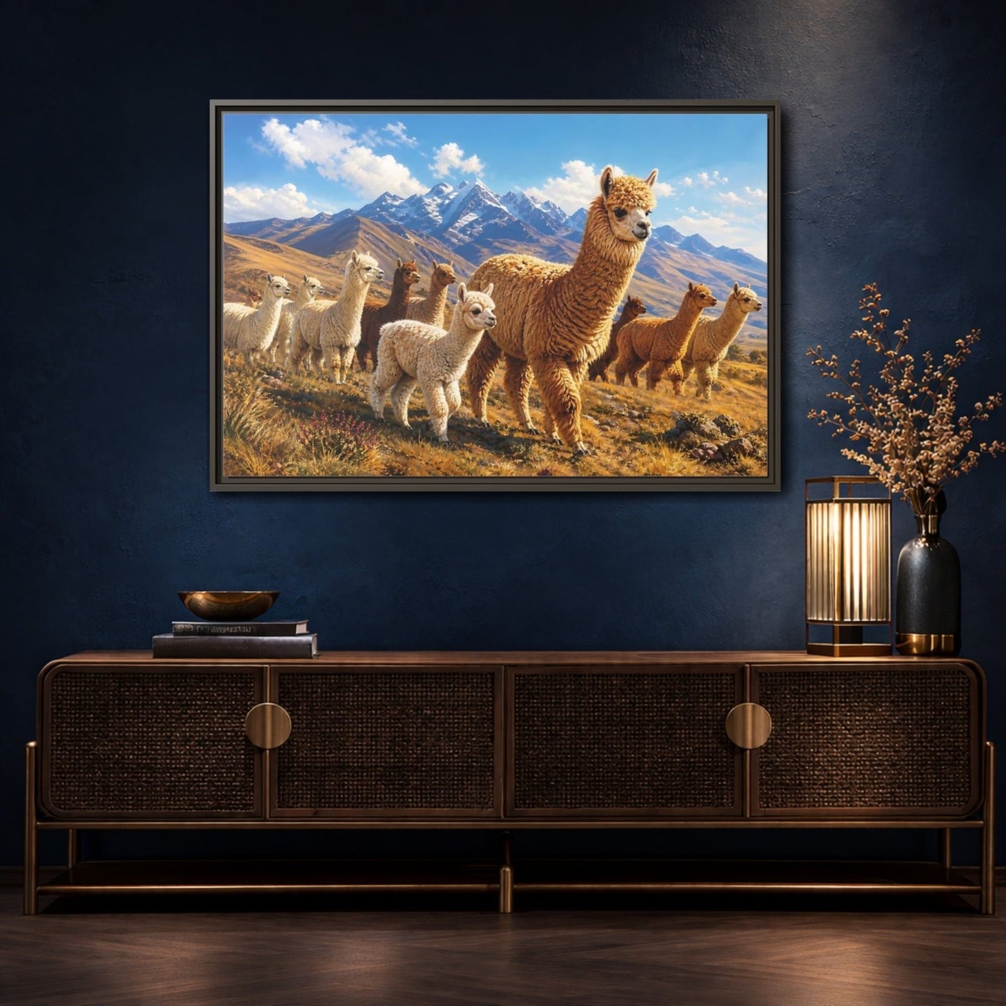 Animals Alpacas Landscape Framed Canvas Wall Art Print – Realistic Living Room, Above Fireplace - YesArtYes