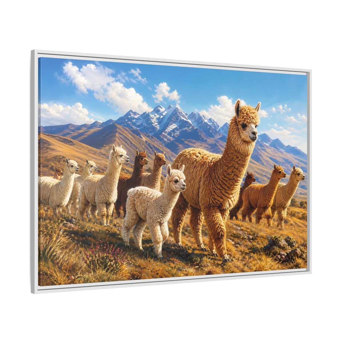 Animals Alpacas Landscape Framed Canvas Wall Art Print – Realistic Living Room, Above Fireplace - YesArtYes