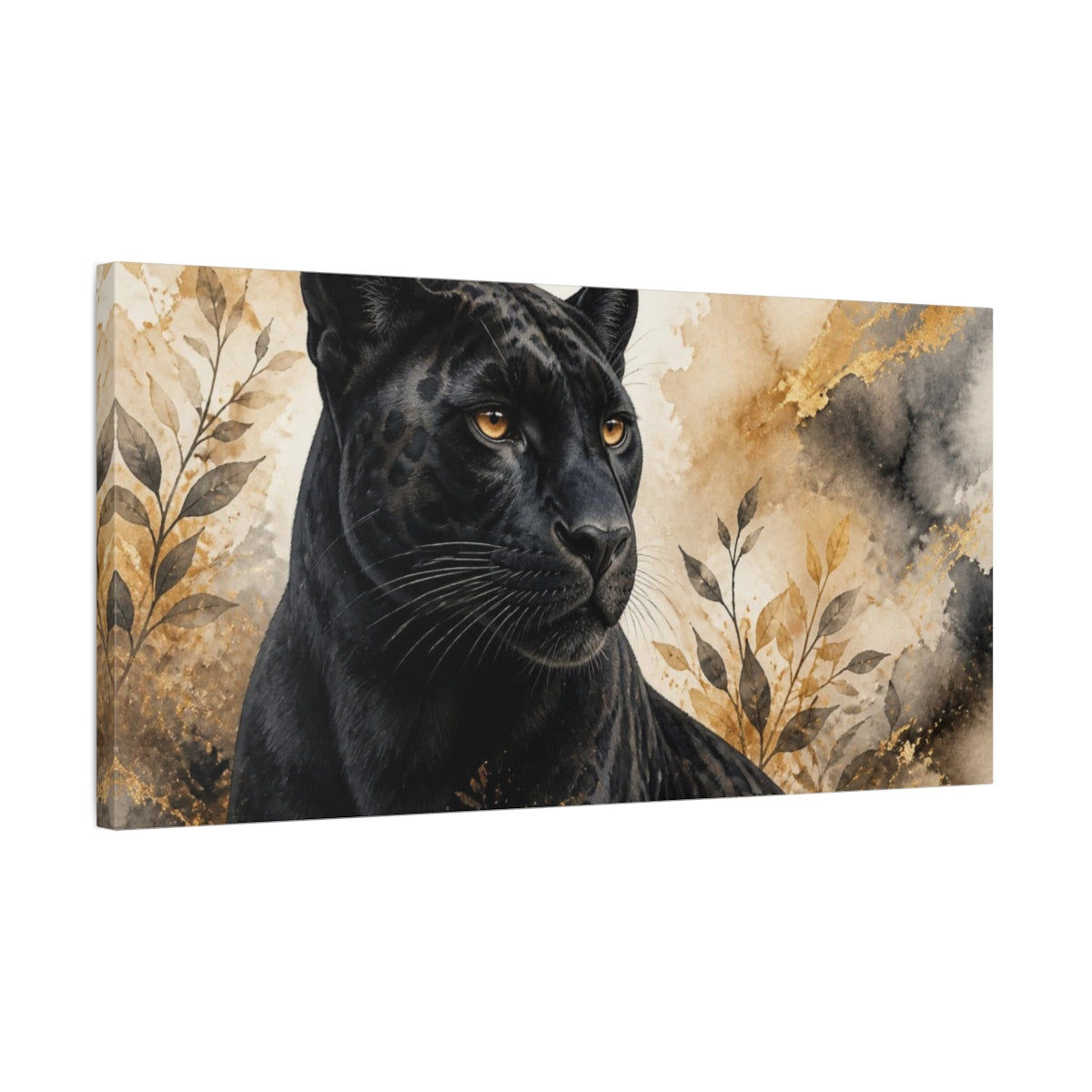 Side Mockup 1. Animals Amber-Eyed Panther Portrait shown as canvas print
