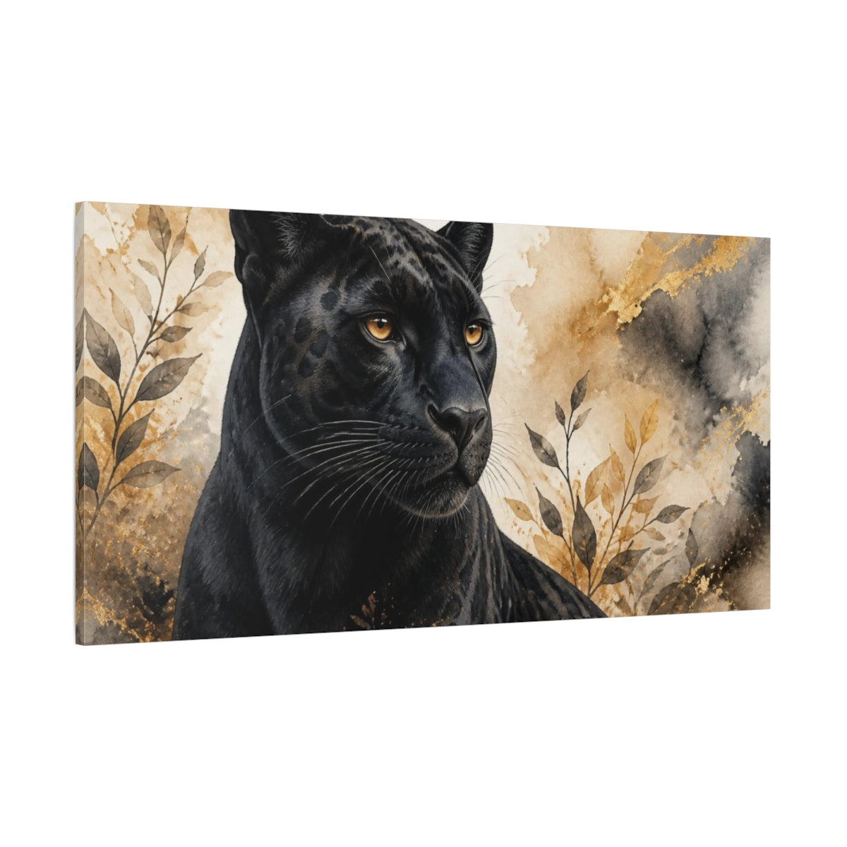 Side Mockup 2. Animals Amber-Eyed Panther Portrait shown as canvas print
