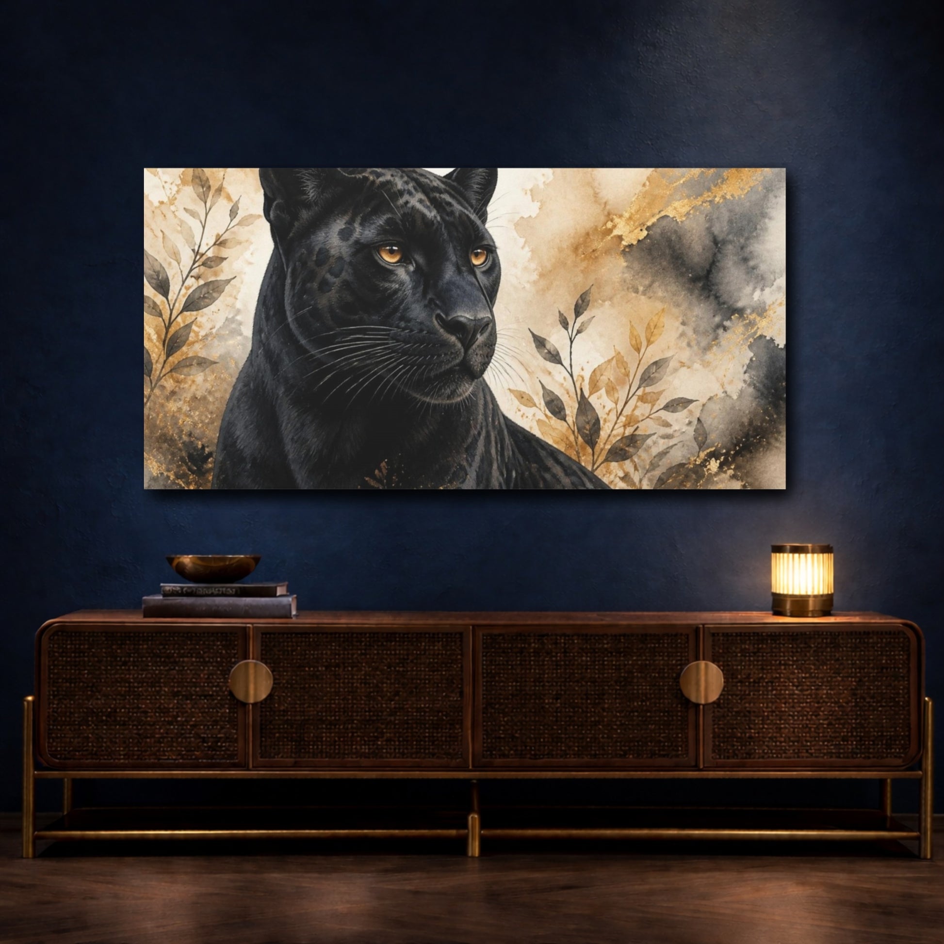 Mockup 4. Animals Amber-Eyed Panther Portrait shown as canvas print