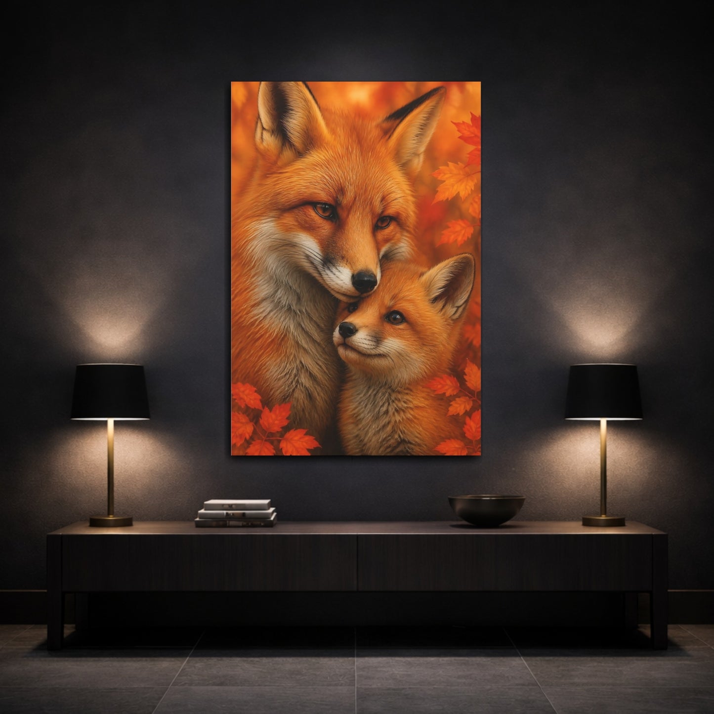 Mockup 3. Animals Autumn Fox Embrace shown as canvas print