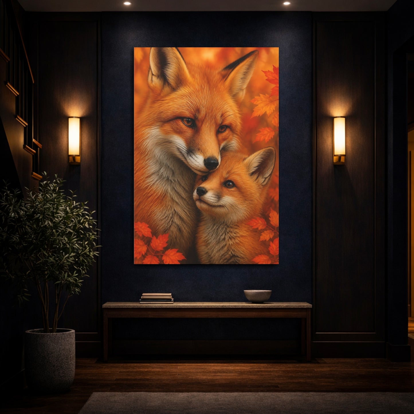 Mockup 4. Animals Autumn Fox Embrace shown as canvas print