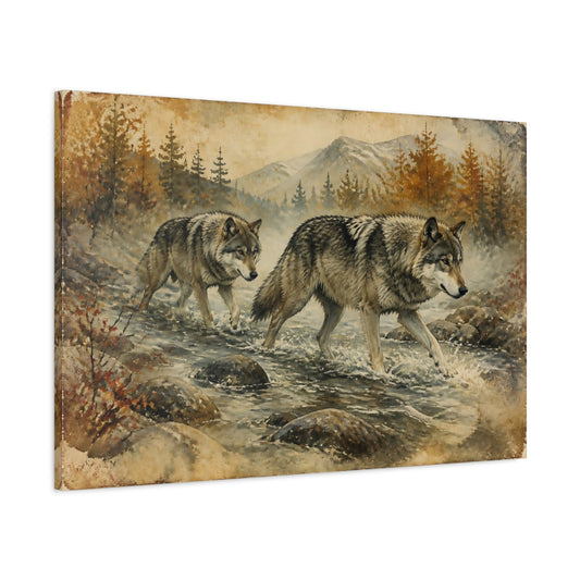 Main Mockup. Animals Autumn Wolves Crossing Stream shown as canvas print