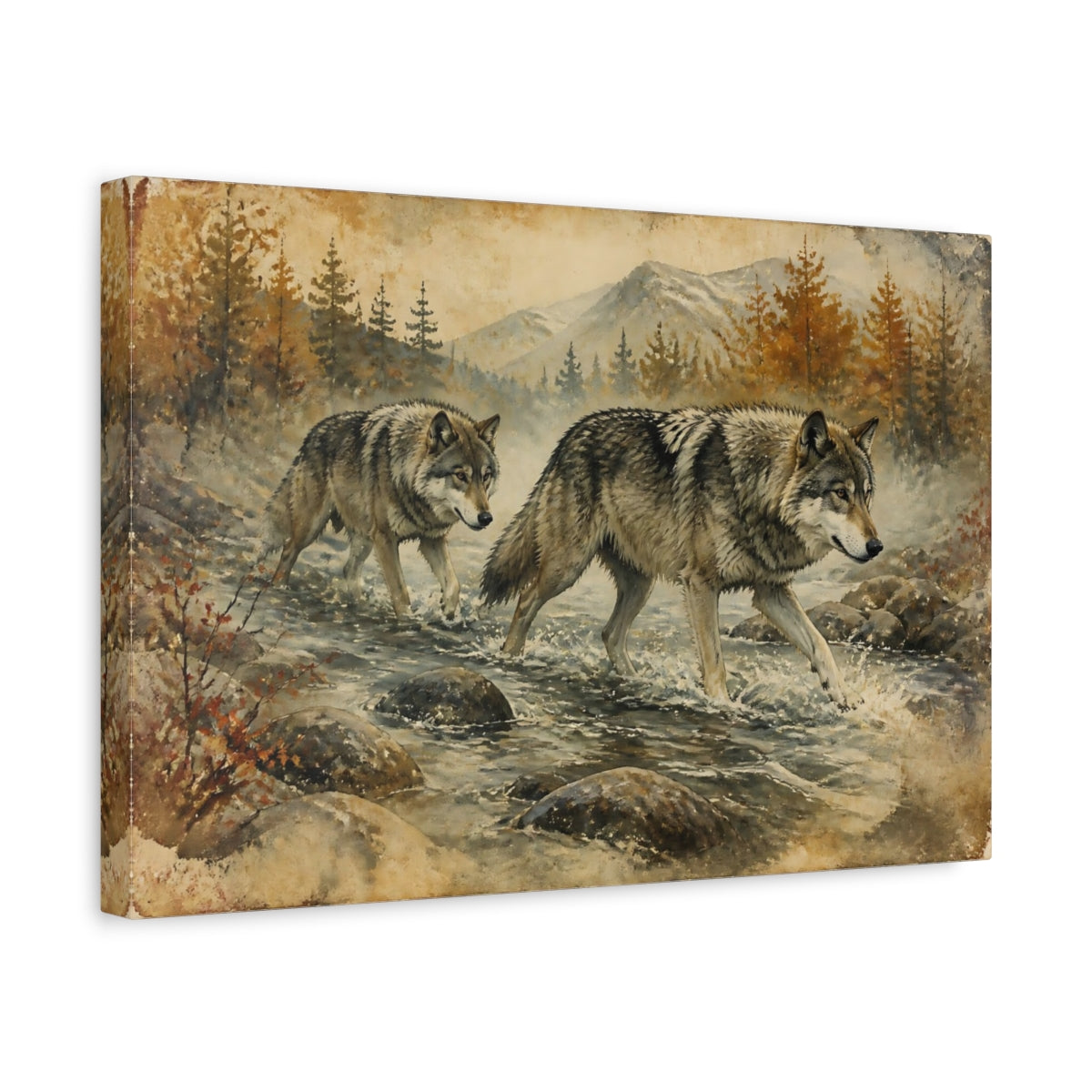 Side Mockup 4. Animals Autumn Wolves Crossing Stream shown as canvas print