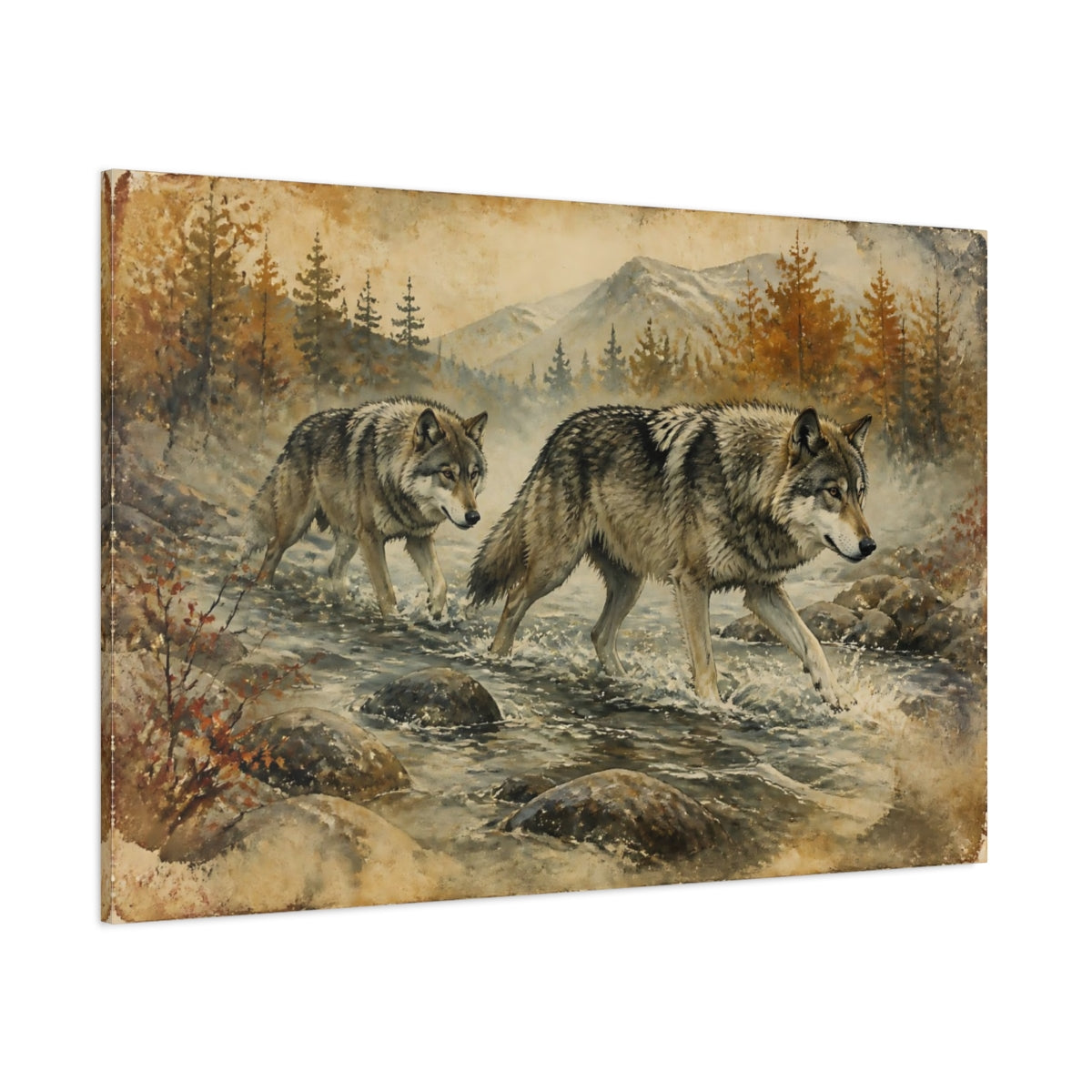 Side Mockup 1. Animals Autumn Wolves Crossing Stream shown as canvas print