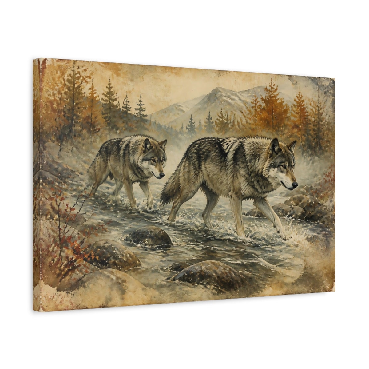 Side Mockup 3. Animals Autumn Wolves Crossing Stream shown as canvas print