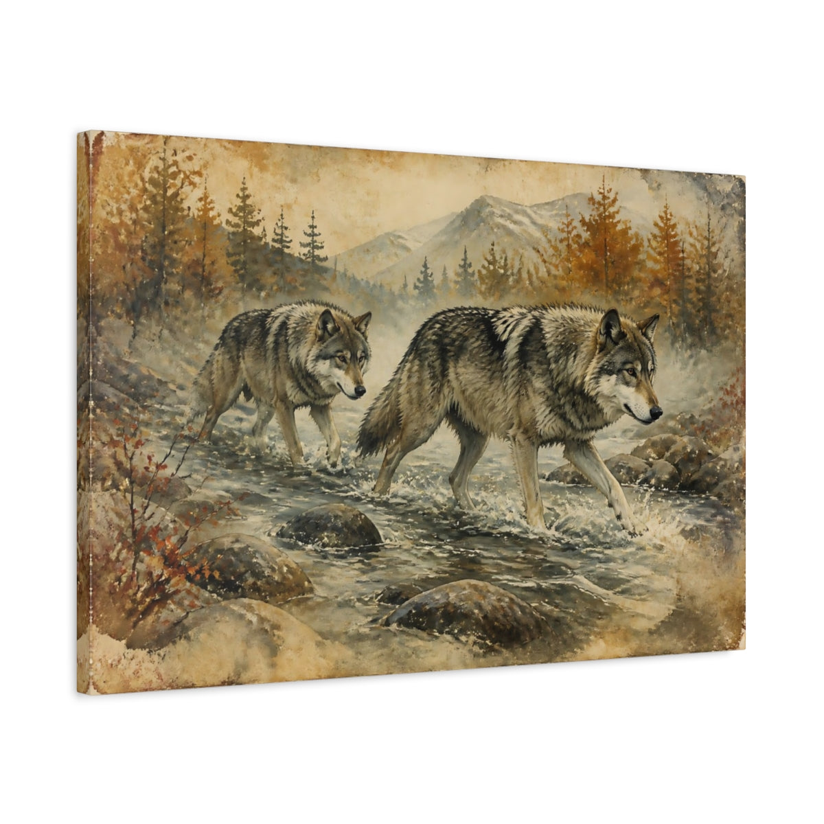 Side Mockup 2. Animals Autumn Wolves Crossing Stream shown as canvas print
