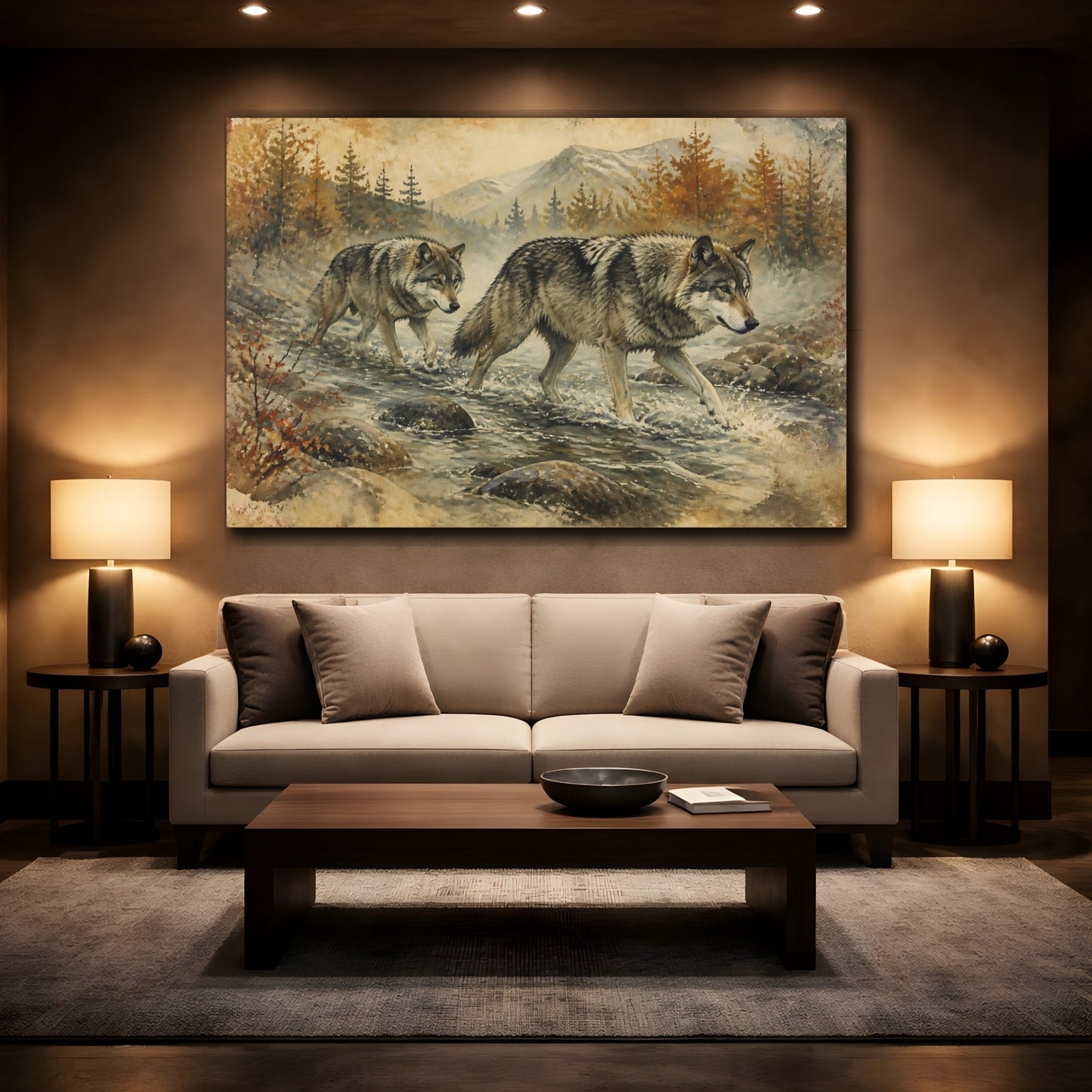 Mockup 2. Animals Autumn Wolves Crossing Stream shown as canvas print