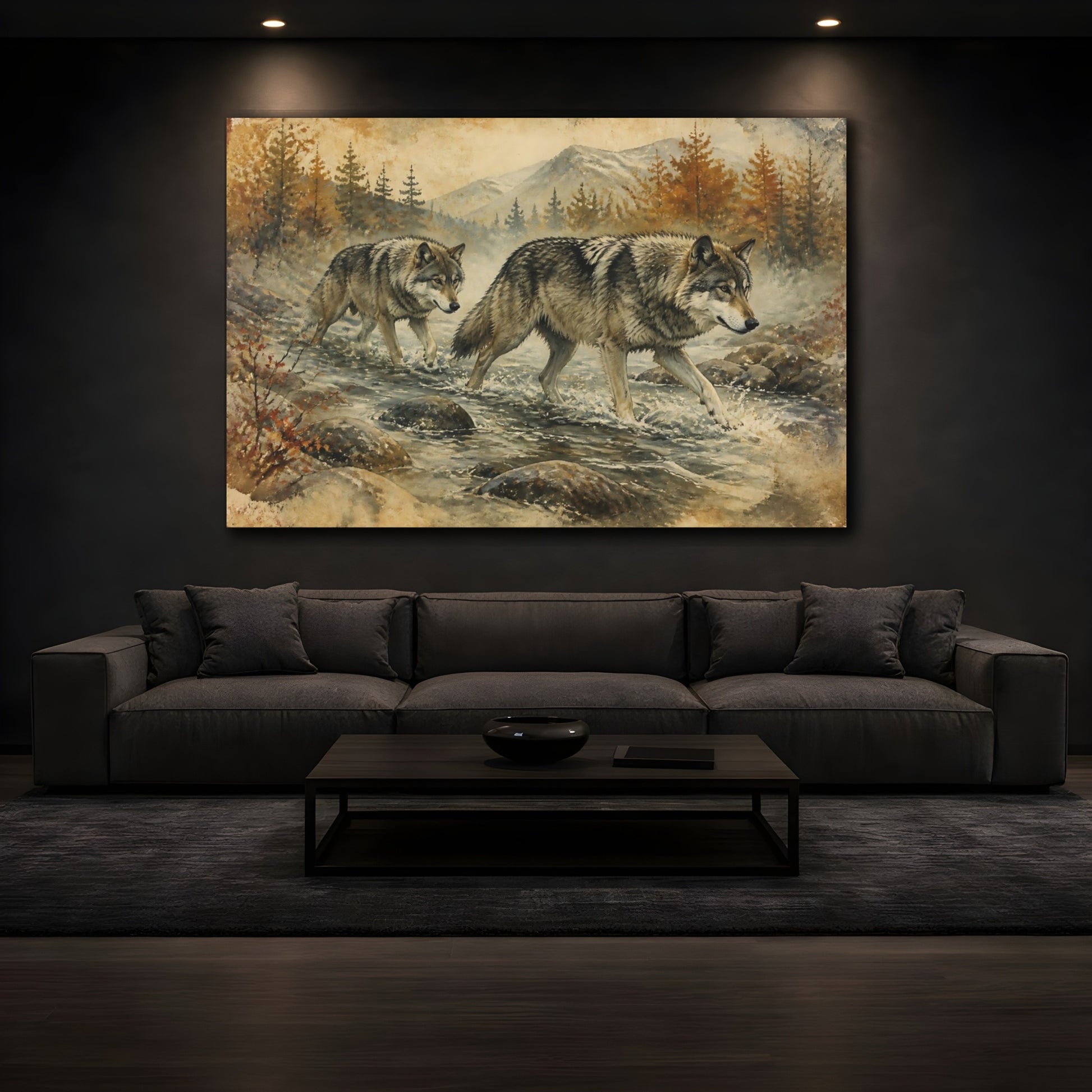 Mockup 3. Animals Autumn Wolves Crossing Stream shown as canvas print