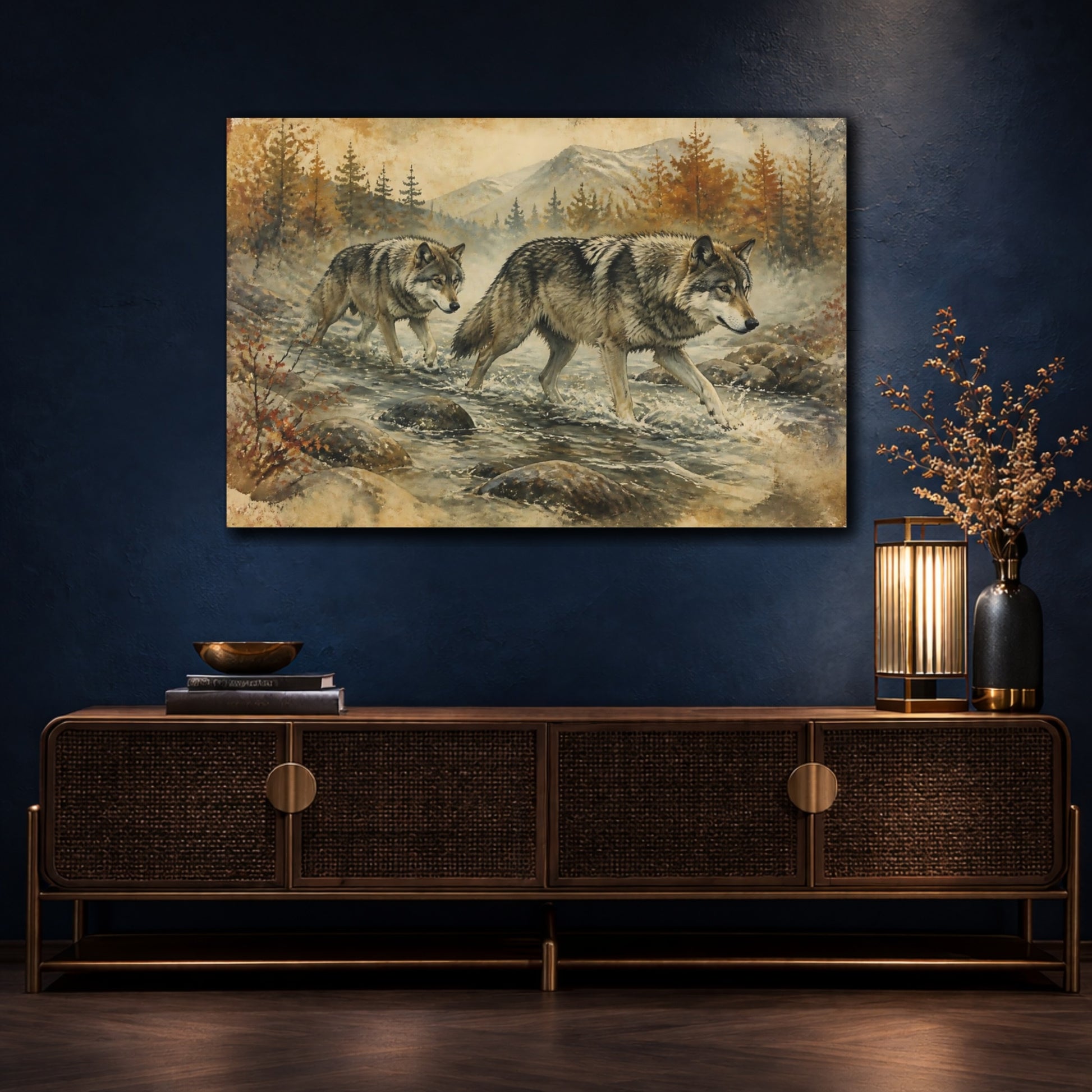 Mockup 4. Animals Autumn Wolves Crossing Stream shown as canvas print