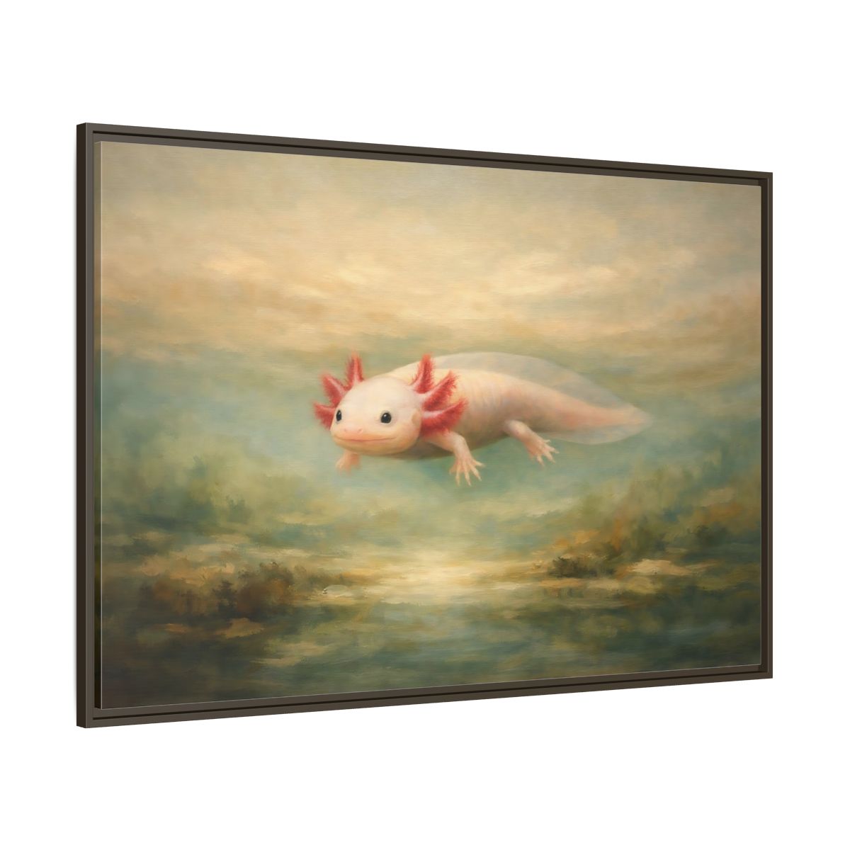Main Mockup. Animals Axolotl Muted Axolotl shown as stretched canvas wall art