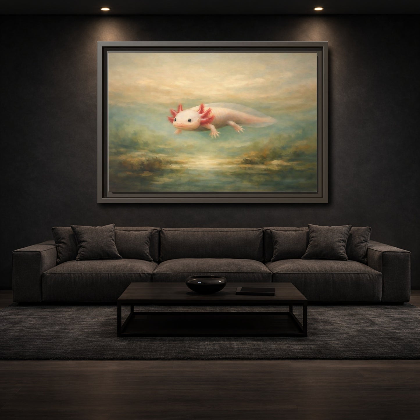 Mockup 2. Animals Axolotl Muted Axolotl shown as stretched canvas wall art