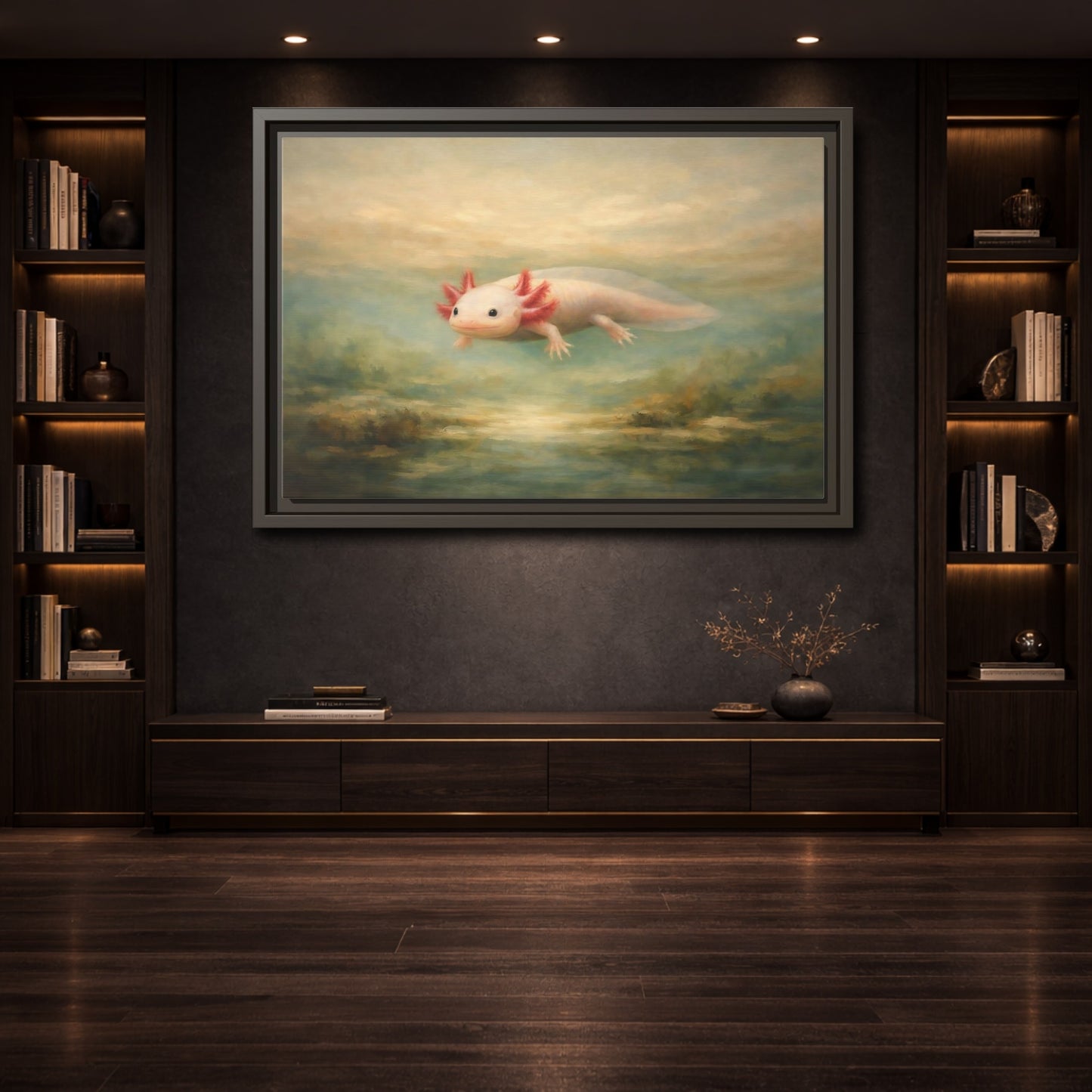 Mockup 3. Animals Axolotl Muted Axolotl shown as stretched canvas wall art