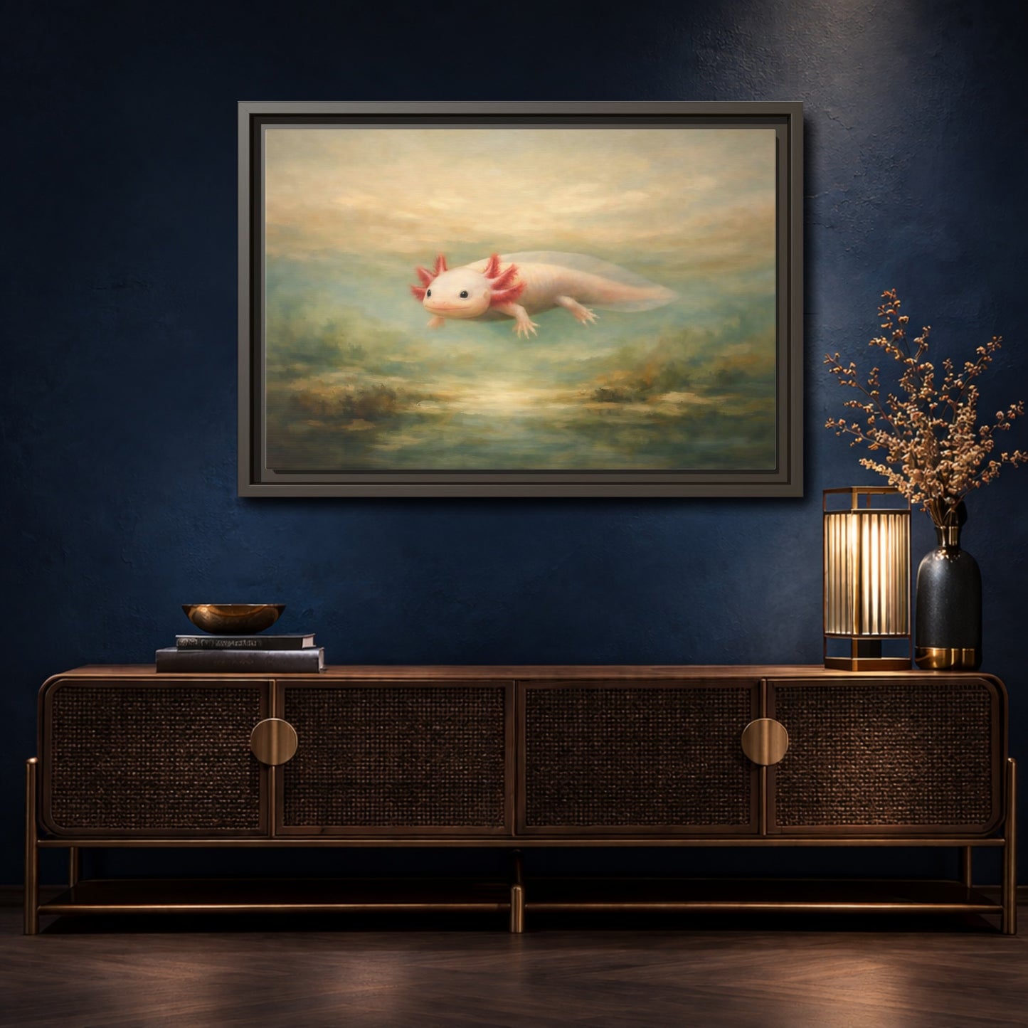 Mockup 4. Animals Axolotl Muted Axolotl shown as stretched canvas wall art