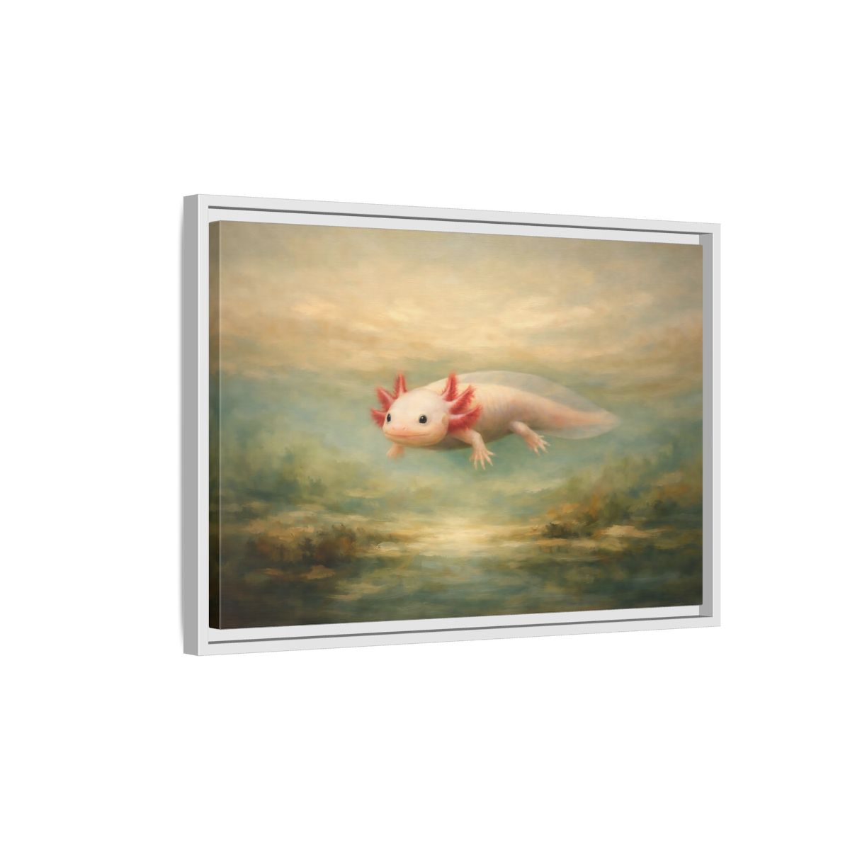 Side Mockup 1. Animals Axolotl Muted Axolotl shown as stretched canvas wall art