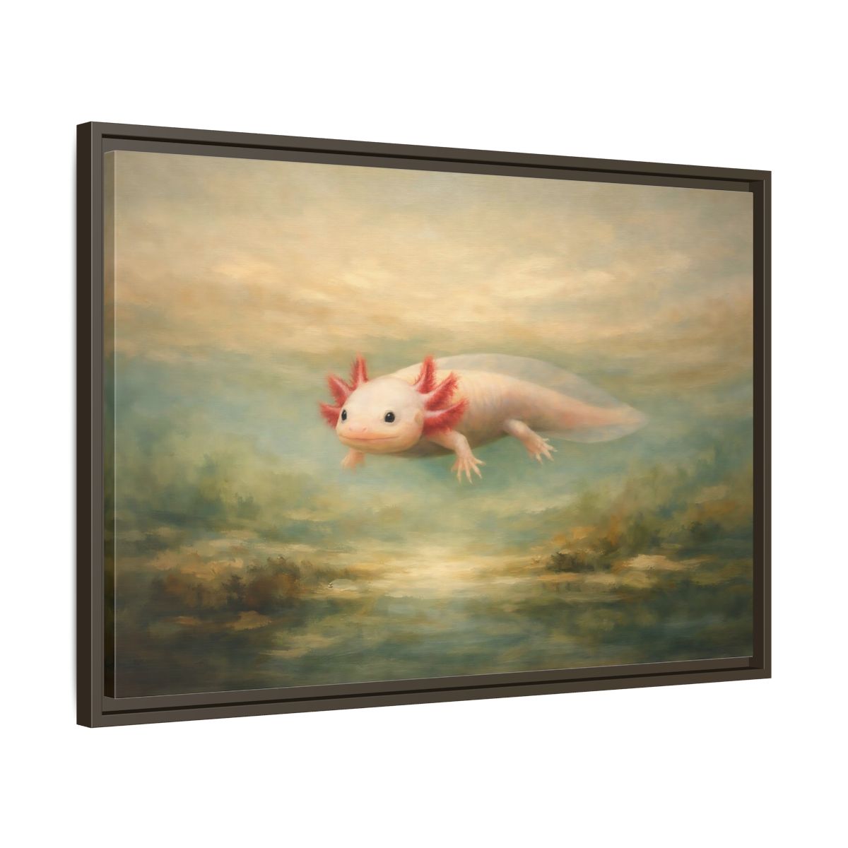 Side Mockup 11. Animals Axolotl Muted Axolotl shown as stretched canvas wall art