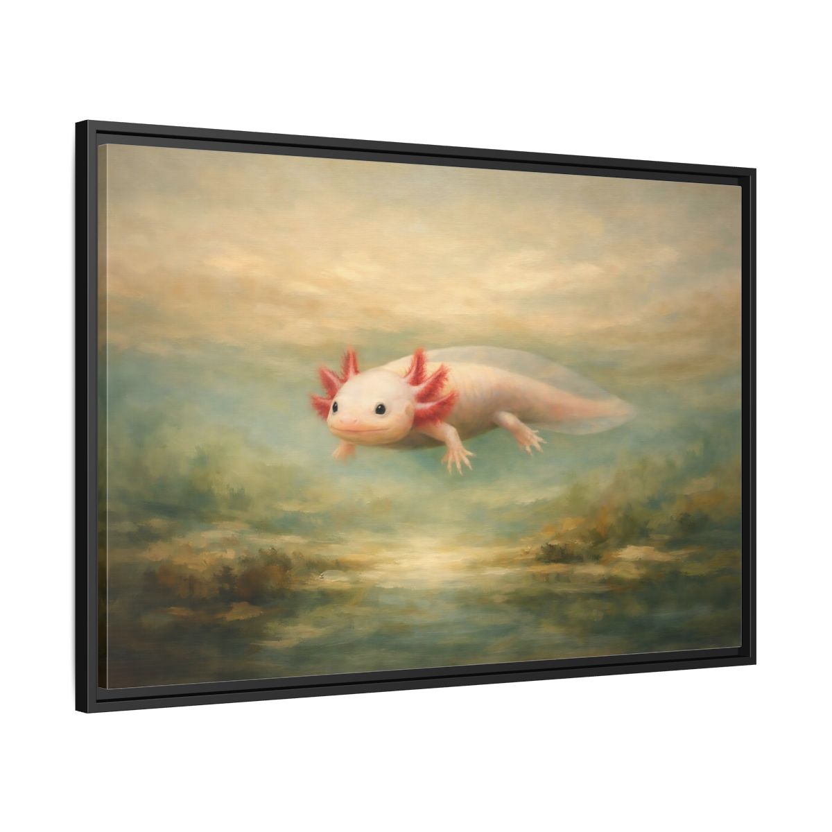 Side Mockup 13. Animals Axolotl Muted Axolotl shown as stretched canvas wall art