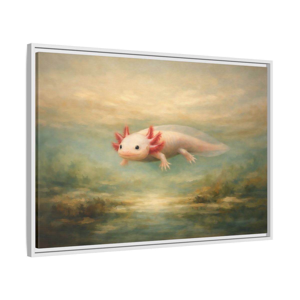 Side Mockup 8. Animals Axolotl Muted Axolotl shown as stretched canvas wall art