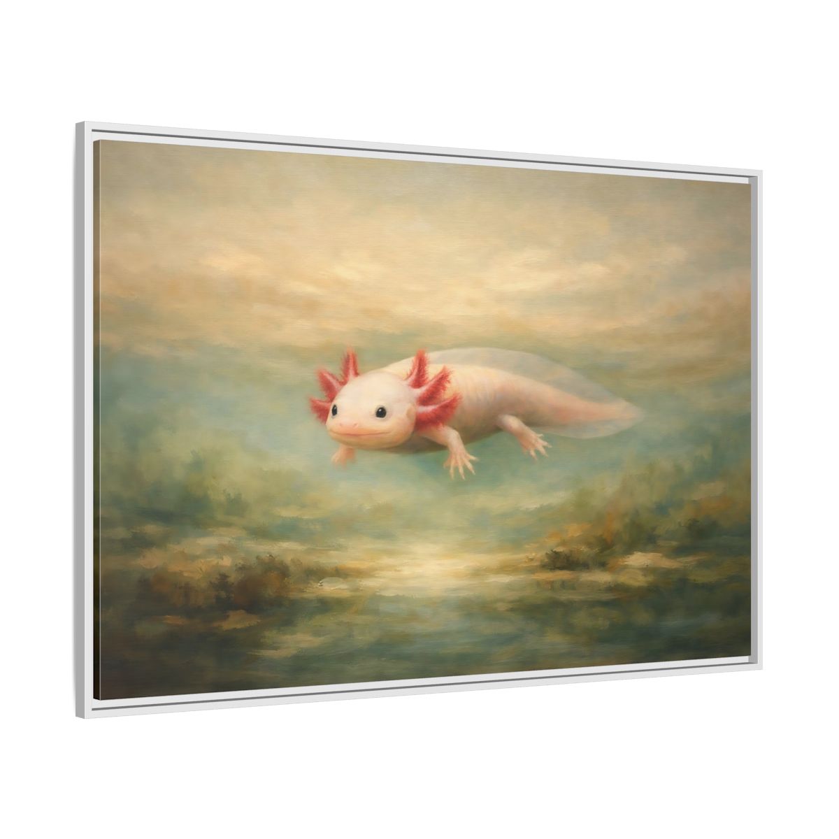 Side Mockup 7. Animals Axolotl Muted Axolotl shown as stretched canvas wall art