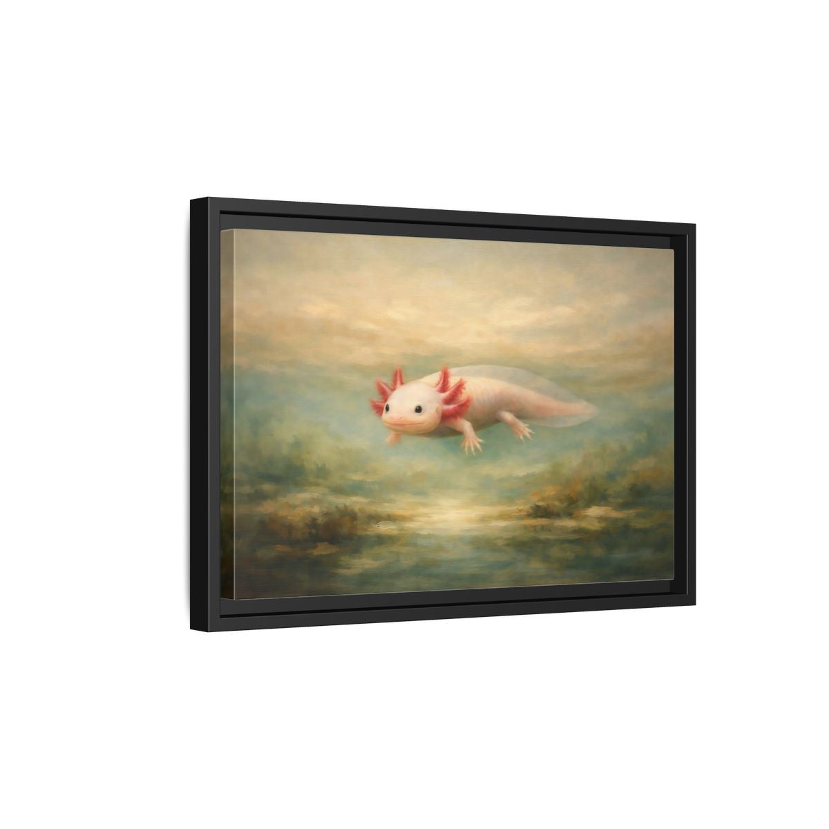 Side Mockup 6. Animals Axolotl Muted Axolotl shown as stretched canvas wall art