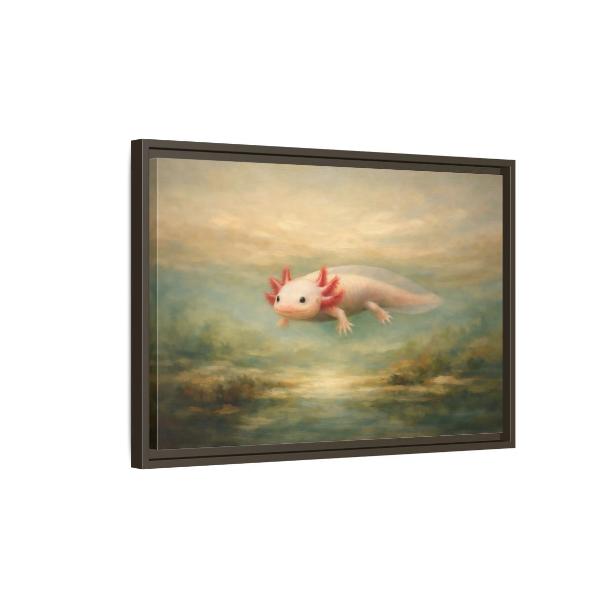 Side Mockup 2. Animals Axolotl Muted Axolotl shown as stretched canvas wall art