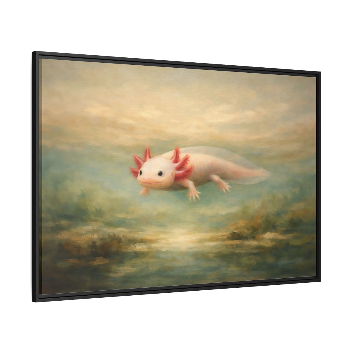 Side Mockup 12. Animals Axolotl Muted Axolotl shown as stretched canvas wall art