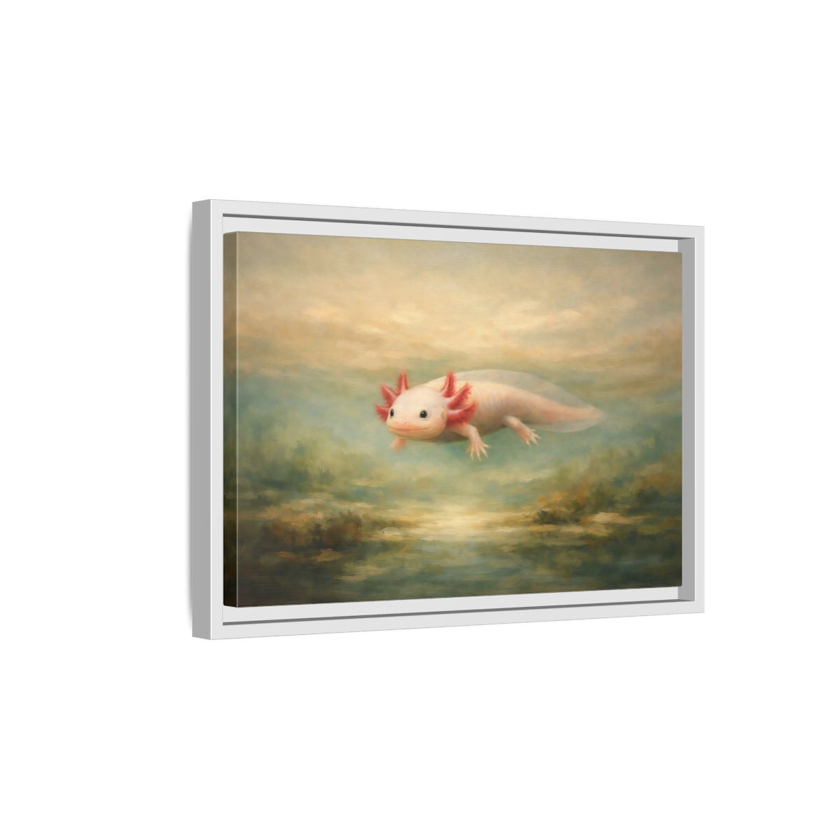 Side Mockup 4. Animals Axolotl Muted Axolotl shown as stretched canvas wall art