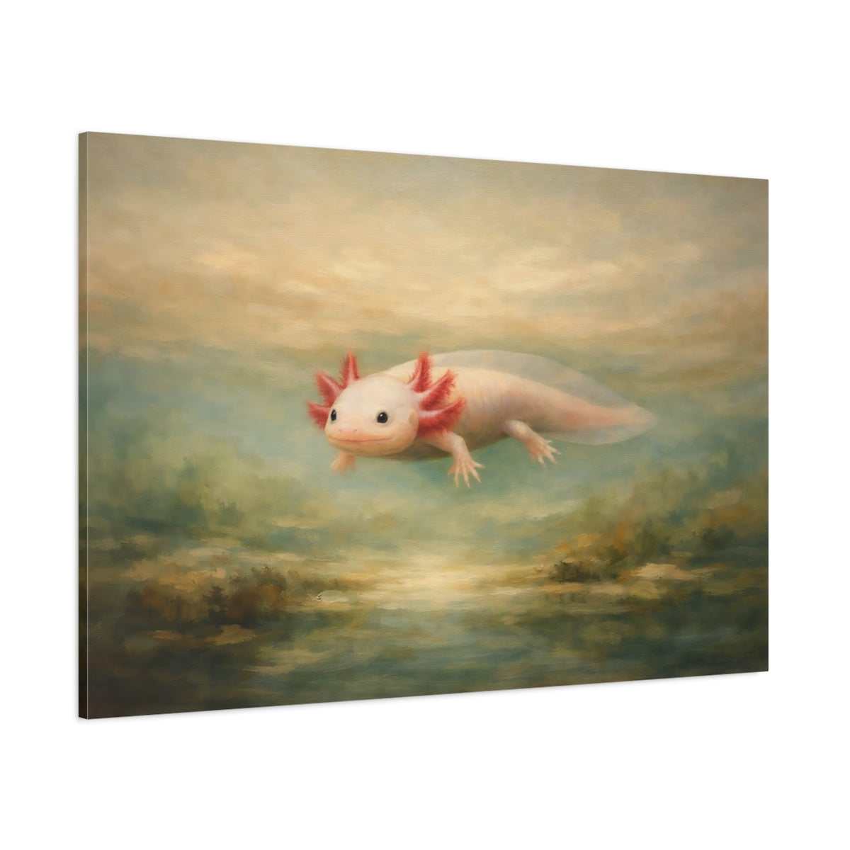 Main Mockup. Animals Axolotl Pink And Teal Axolotl shown as stretched canvas wall art