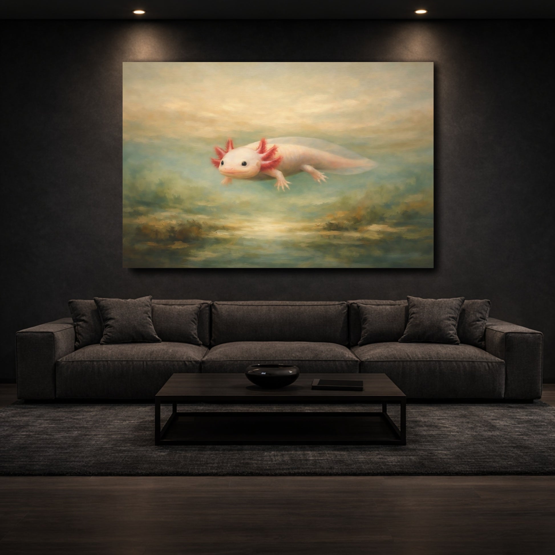 Mockup 2. Animals Axolotl Pink And Teal Axolotl shown as stretched canvas wall art