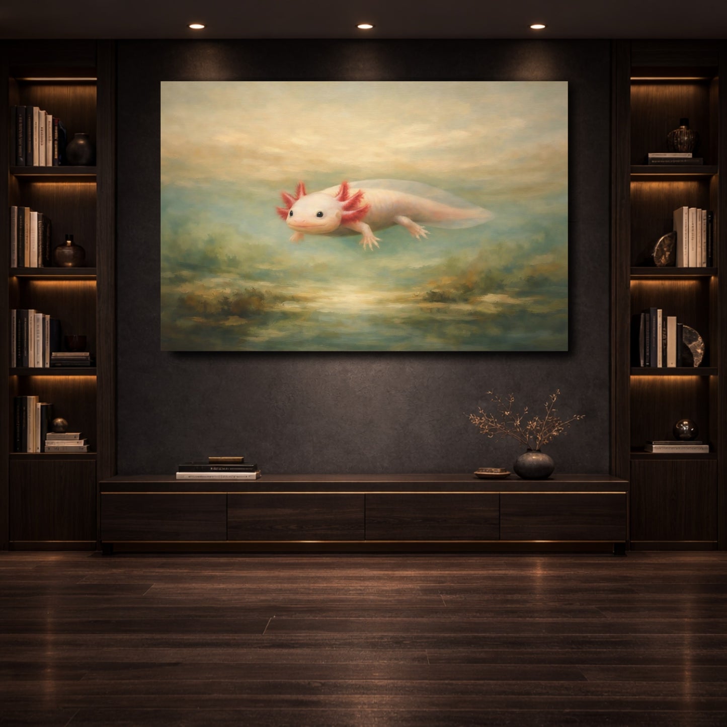 Mockup 3. Animals Axolotl Pink And Teal Axolotl shown as stretched canvas wall art