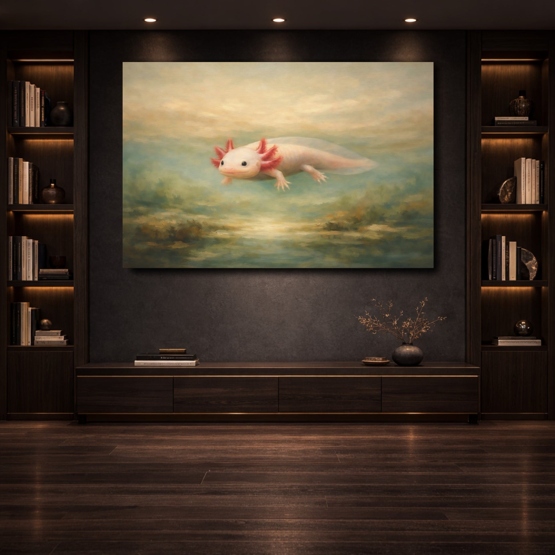 Mockup 3. Animals Axolotl Pink And Teal Axolotl shown as stretched canvas wall art