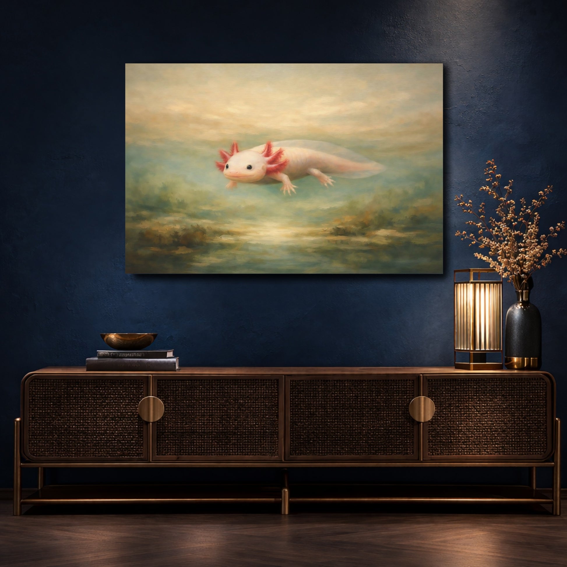Mockup 4. Animals Axolotl Pink And Teal Axolotl shown as stretched canvas wall art