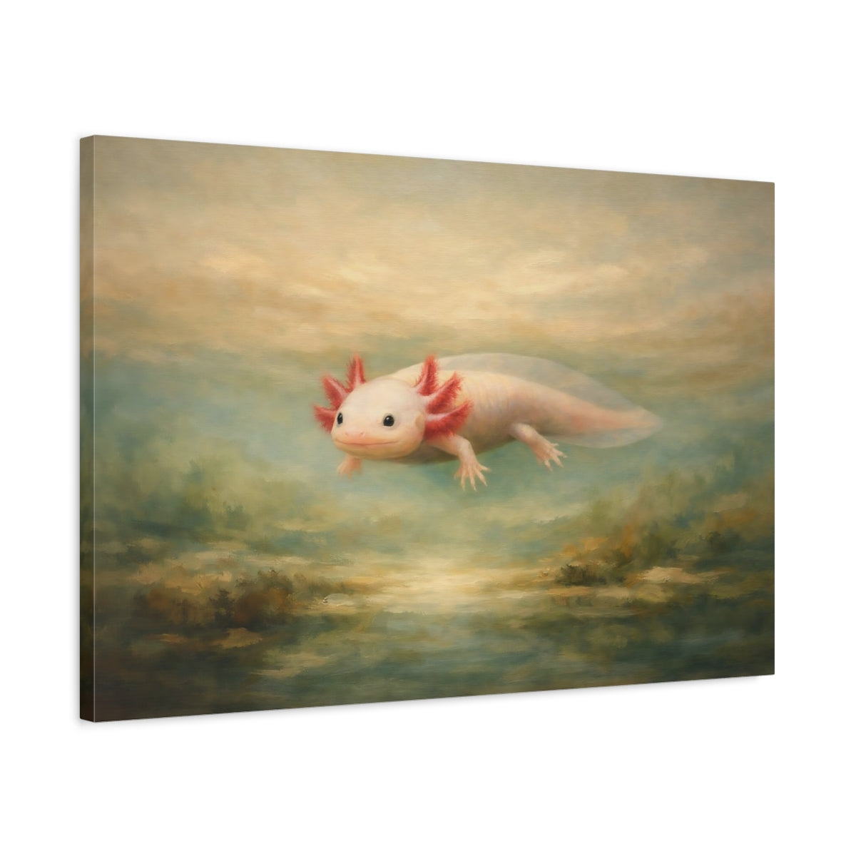 Side Mockup 2. Animals Axolotl Pink And Teal Axolotl shown as stretched canvas wall art