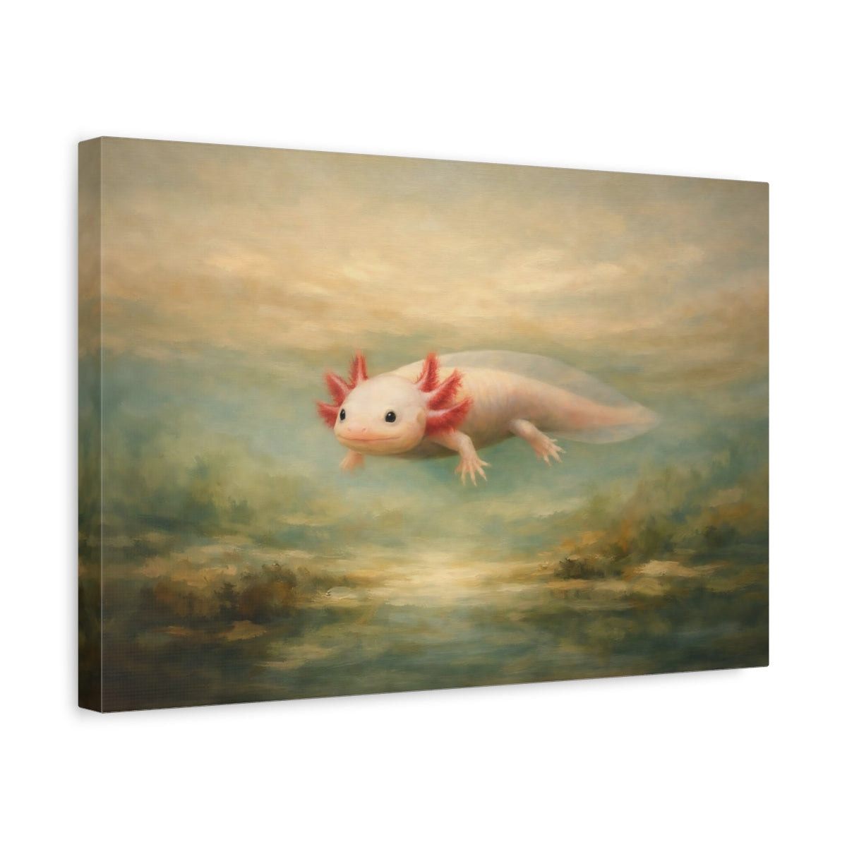 Side Mockup 4. Animals Axolotl Pink And Teal Axolotl shown as stretched canvas wall art