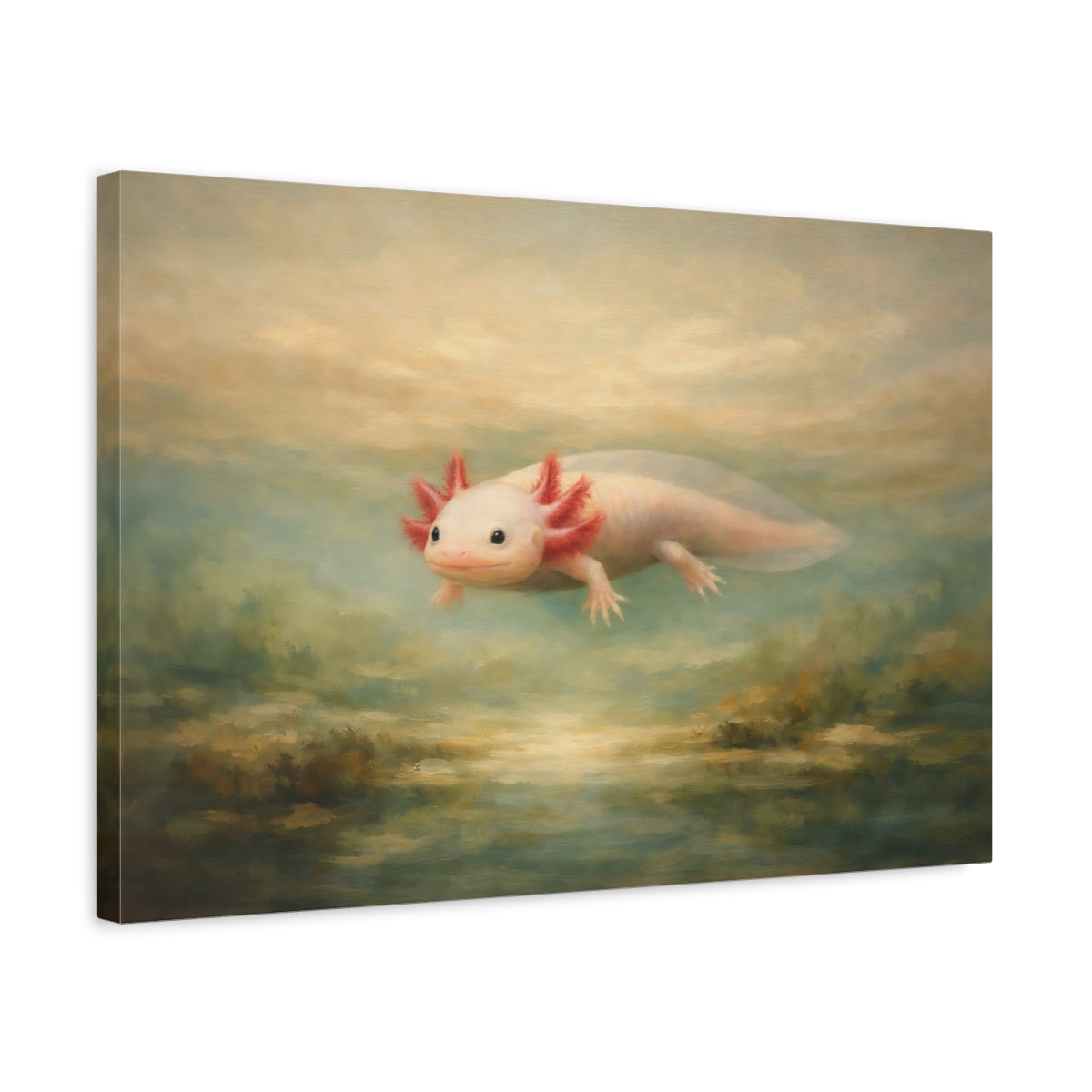 Side Mockup 3. Animals Axolotl Pink And Teal Axolotl shown as stretched canvas wall art