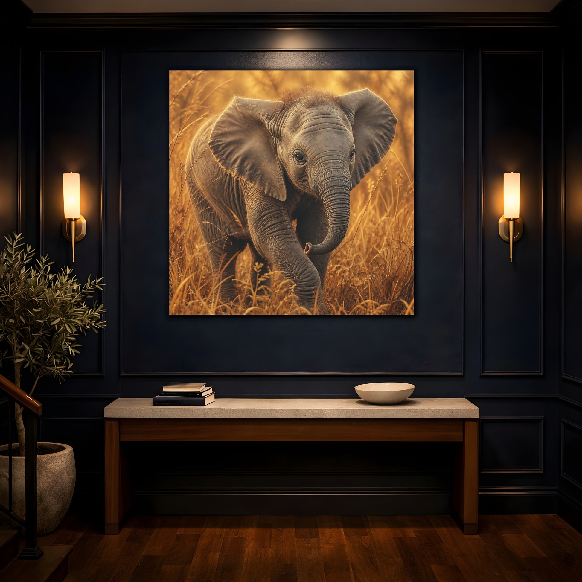 Mockup 4. Animals Baby Elephant Baby Elephant Golden shown as canvas print